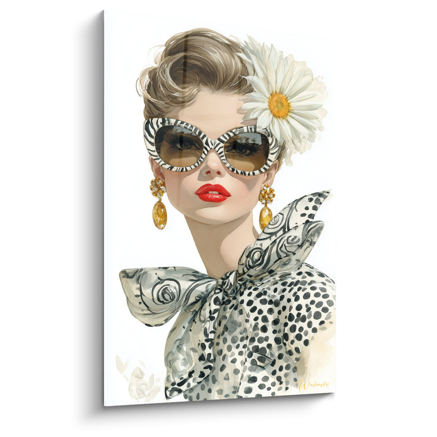 Tableau Femme lunettes zébrées et marguerite blanche - Attitude glamour - Edition Illustration de mode