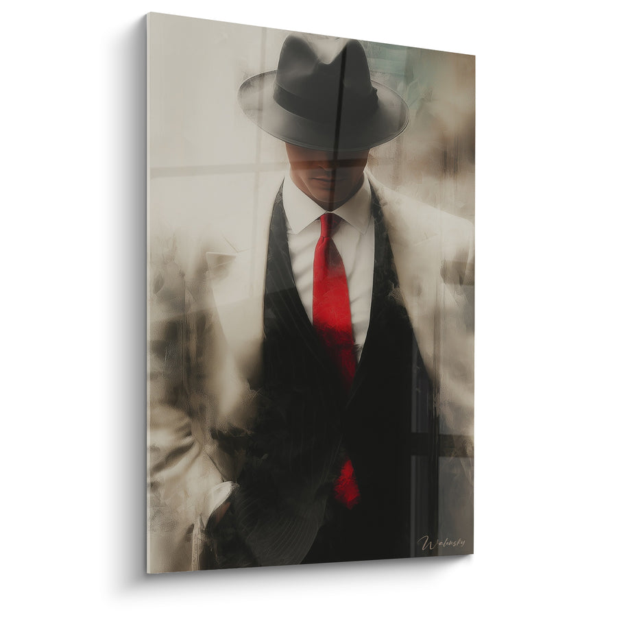 Tableau Feutre noir et cravate rouge en fondu - Silhouette masculine énigmatique - Edition Illustration de mode