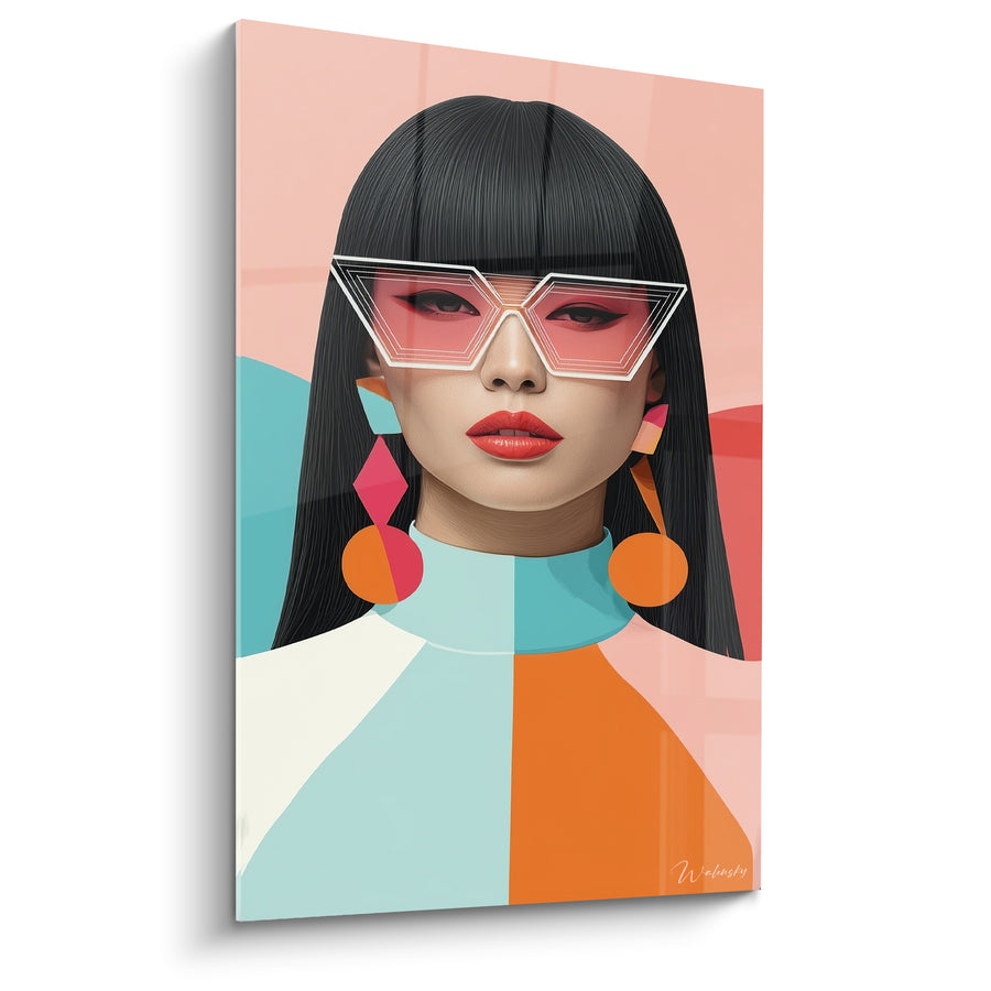 Tableau Lunettes géométriques turquoise et orange aux boucles pendantes - Frange noire au carré - Edition Illustration de mode
