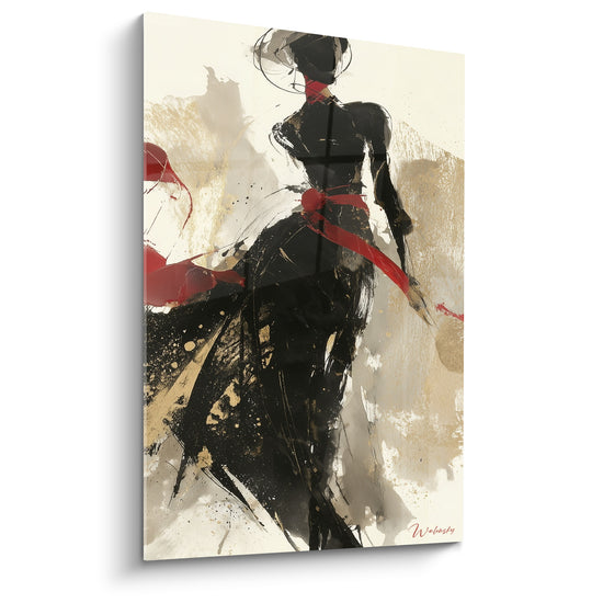 Silhouette noire drapée d'un ruban rouge vif, éclaboussures dorées sur fond ivoire, illustration de mode expressive