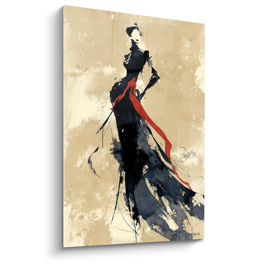 Silhouette féminine noire et rouge sur fond doré patiné, illustration de mode expressive à l'encre