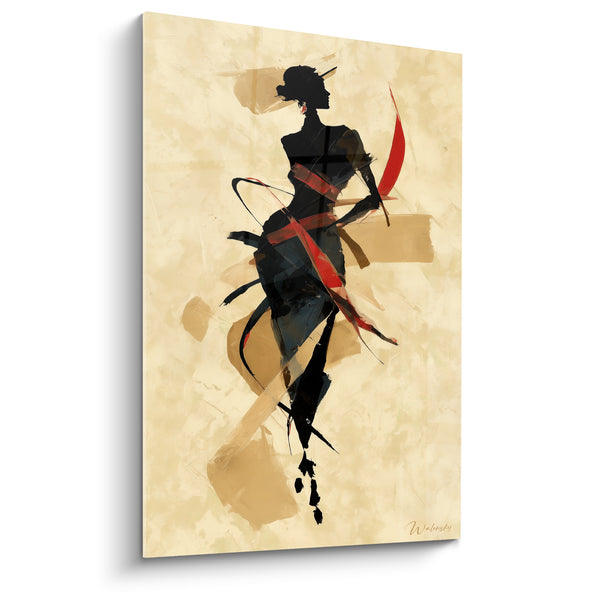 Tableau Silhouette noire et rouge aux rubans croisés - Fond beige texturé - Edition Illustration de mode
