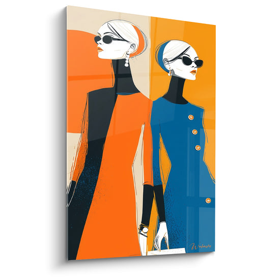 Deux silhouettes élégantes en orange et bleu marine, lunettes noires, illustration de mode graphique