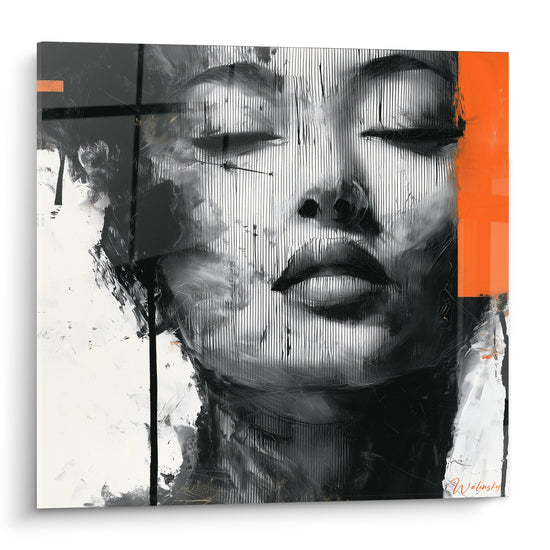 Visage aux yeux clos en noir et blanc strié, touches d'orange vif, style graphique et intense