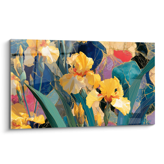 Iris jaune et crème aux veines dorées sur fond bleu marine et teal façon mosaïque précieuse