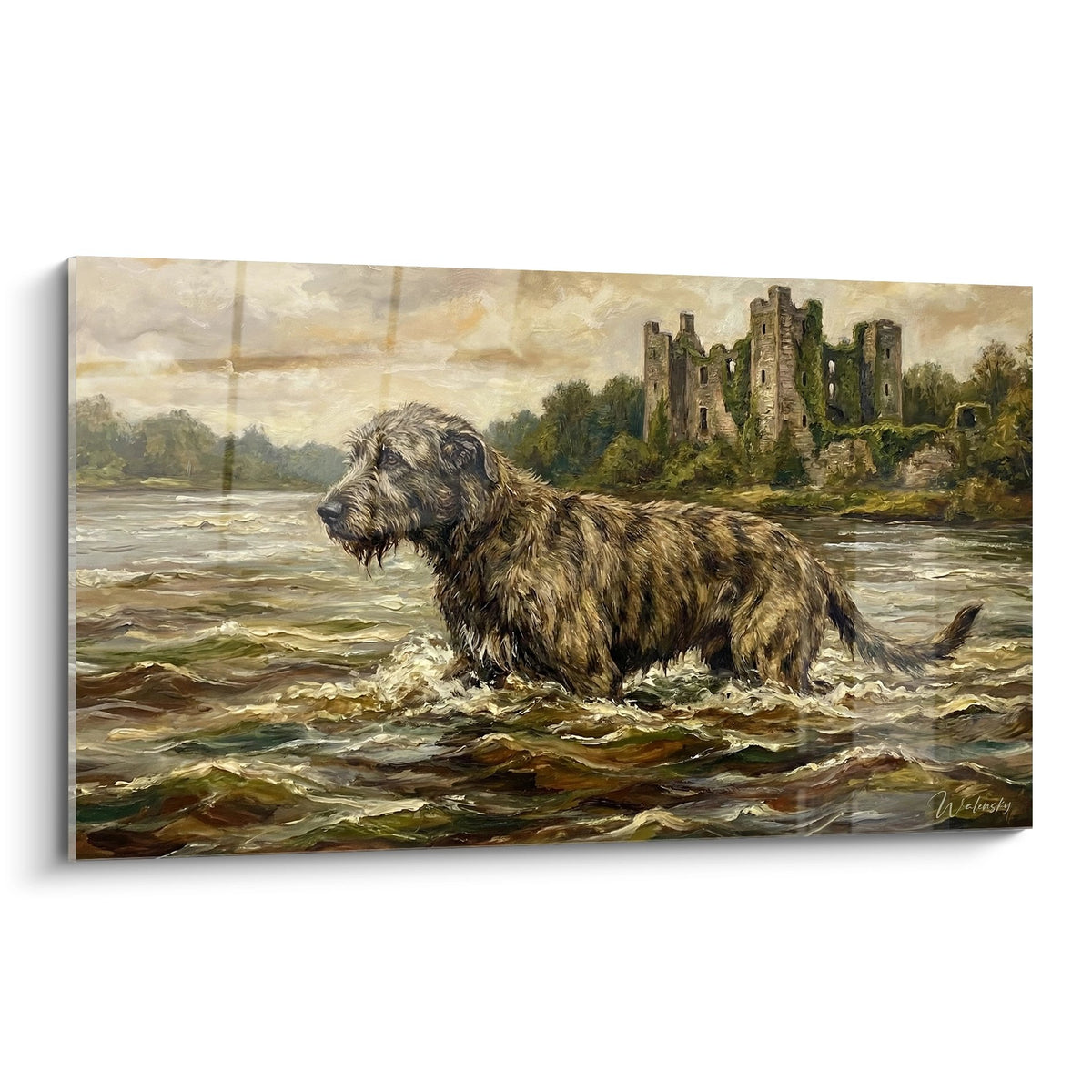 Tableau Irish Wolfhound gris emergeant des eaux tumultueuses devant chateau en ruines style peinture realiste tons dores