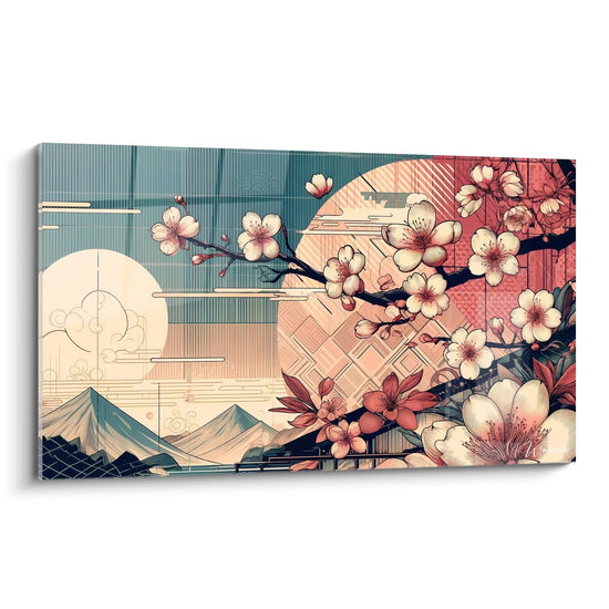 tableau asiatique vu de biais présentant des cerisiers en fleurs sur fond rose et bleu avec des motifs géométriques harmonieux symbolisant la fragilité de la vie et l'équilibre naturel

