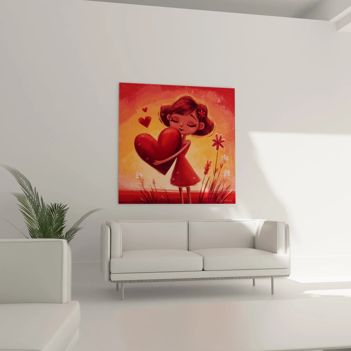 Walensky tableau jeune fille cœur sur toile murale carrée rouge et orange fillette tenant un grand coeur