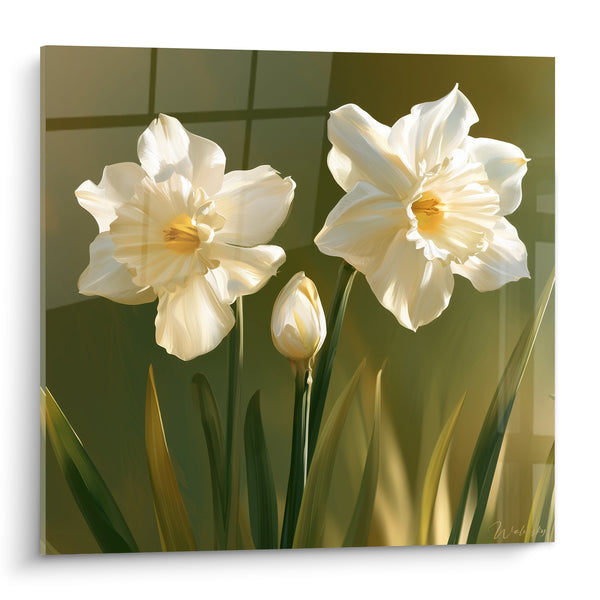 Tableau Jonquilles blanches et vertes près d'un bouton fermé - Fenêtre quadrillée en fond - Edition Jonquille