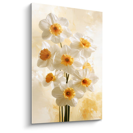 Jonquilles blanches aux cœurs orangés peintes sur fond ivoire et beige doré, style pictural texturé