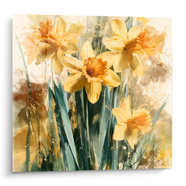Tableau Jonquilles jaunes et orangées aux feuilles vert-de-gris - Éclaboussures fond crème - Edition Jonquille