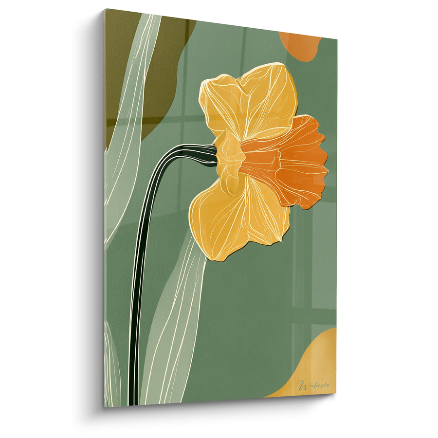 Tableau Jonquille jaune et orange sur fond vert olive - Formes organiques graphiques - Edition Jonquille
