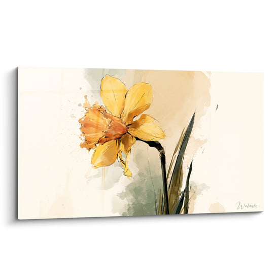 Jonquille jaune et orangée au trait d'encre, pétales déployés sur fond beige aquarellé