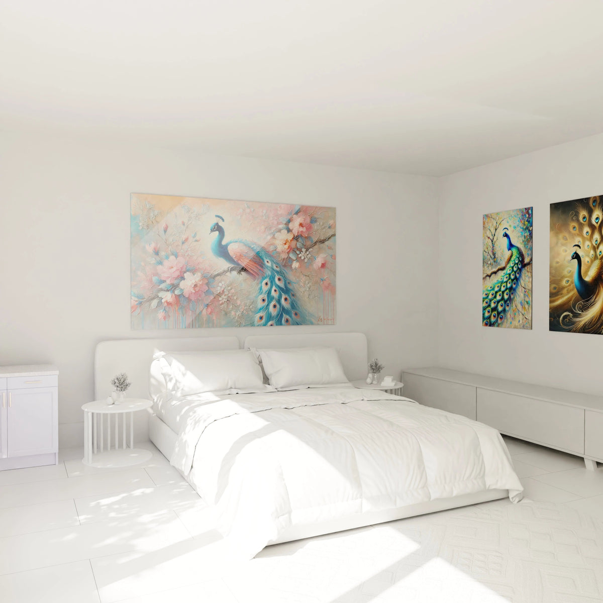 Ce tableau paon sublime une chambre en étant accroché au-dessus du lit. Ses teintes pastel et son style élégant créent une ambiance relaxante et pleine de charme naturel.