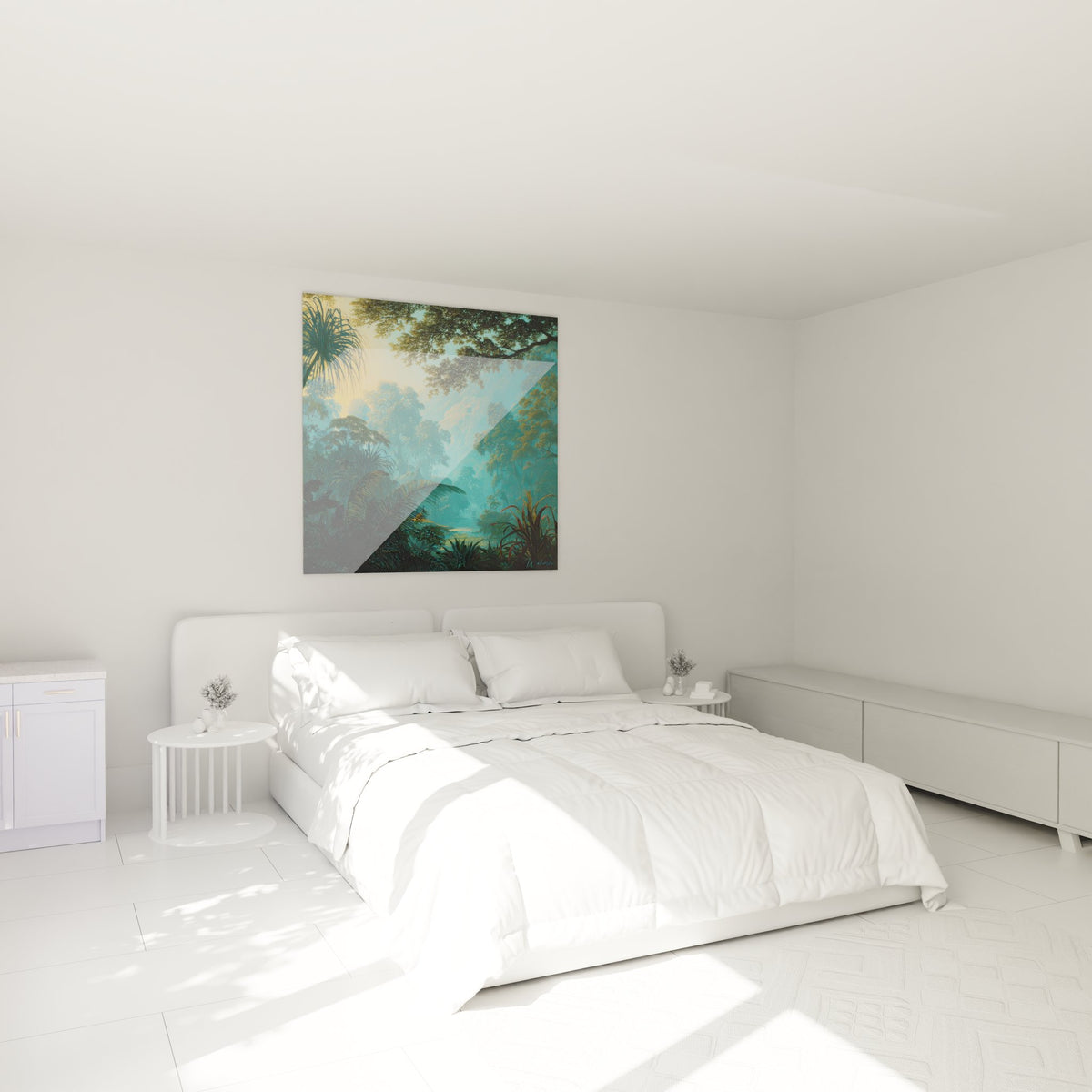 Tableau paysage jungle en décoration chambre avec ambiance tropicale dorée et turquoise