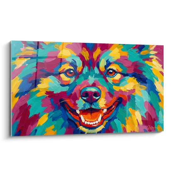 Portrait artistique de Keeshond aux couleurs vives turquoise orange violet sourire expressif style pop art contemporain