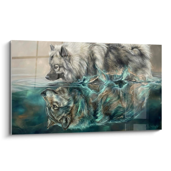 Tableau Keeshond partiellement immergé dans eau turquoise avec reflets aquatiques mystiques