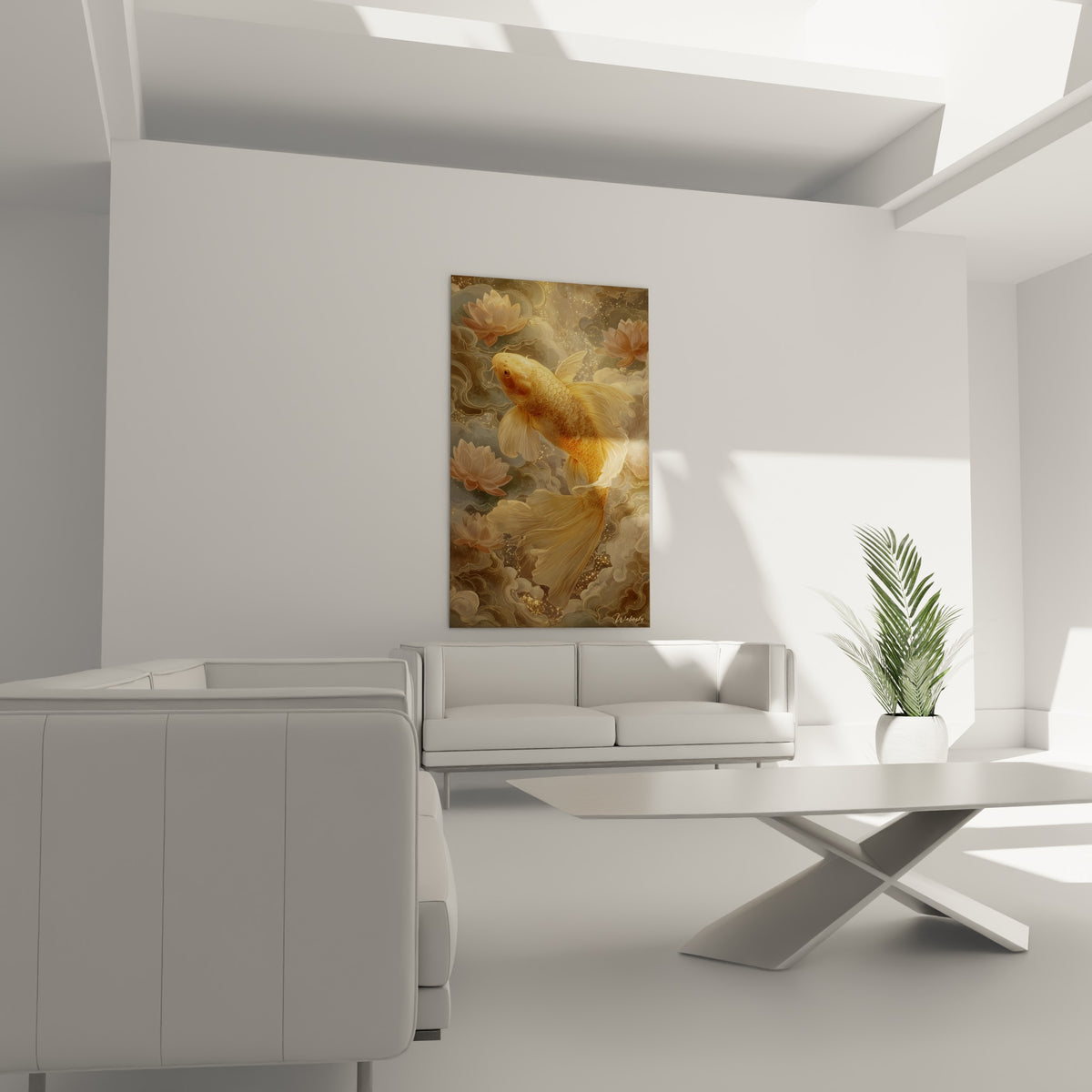 Créature dorée entourée de nuées dorées et beige au-dessus d'un canapé dans un salon lumineux
