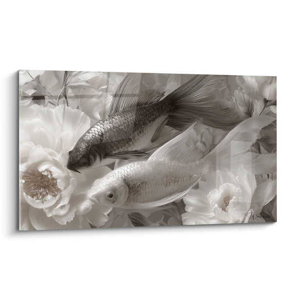 Tableau Carpes noir et blanc parmi les pivoines - Ballet silencieux - Edition Koi