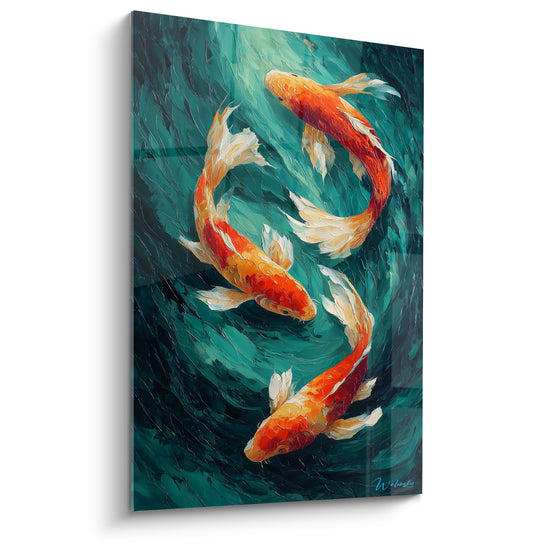 Tableau Carpes orange et blanches en spirale verticale - Trio en colonne - Edition Koi