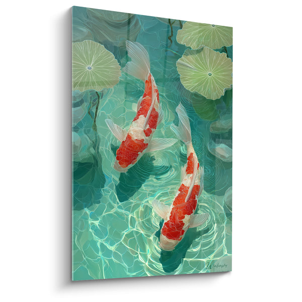 Tableau Carpes rouge et blanche sous feuilles de lotus - Ombres portées translucides - Edition Koi