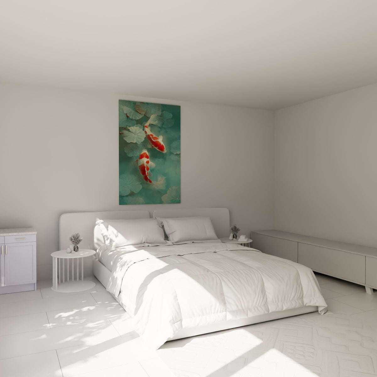Carpes koï rouge et blanc au-dessus d'un lit dans une chambre claire et épurée