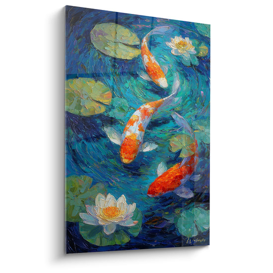 Trois Koi orange et blancs nagent dans une eau bleu turquoise entourée de nénuphars