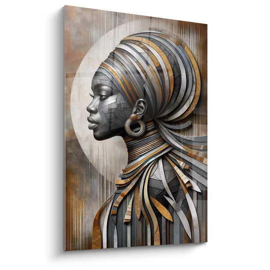 Le tableau africain vu de biais révèle ses couches métalliques texturées en gris, bronze et or, capturant la fusion entre tradition et modernité avec des formes circulaires entrelacées.

