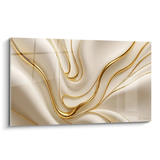 Un tableau relief abstrait présentant des lignes ondulantes dorées sur fond beige crème, créant un effet tridimensionnel élégant avec des courbes métalliques sculptées qui semblent flotter sur la surface texturée.
