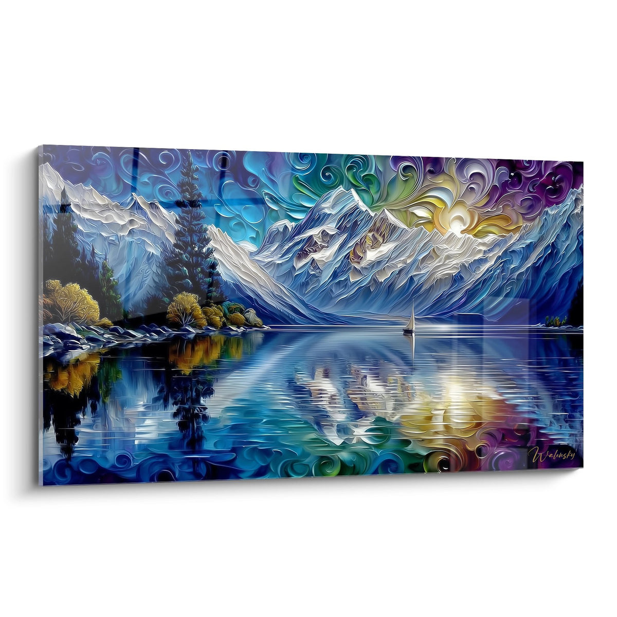 Tableau lac de montagne aux reflets cosmiques avec ciel multicolore et sommets enneigés
