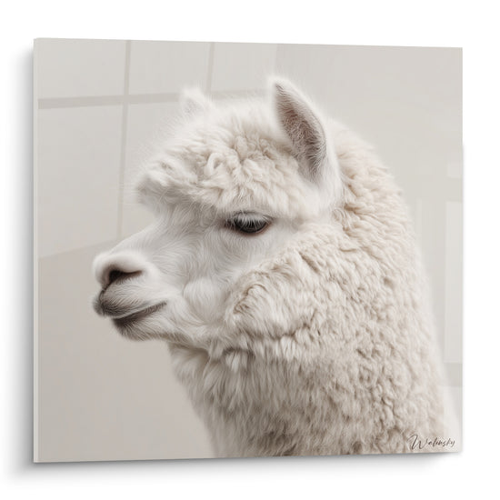 Lama blanc de profil, pelage ivoire dense et regard sombre sur fond gris perle très doux