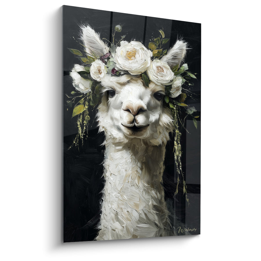 Tableau Lama blanc et noir couronné de roses blanches - Fond sombre profond - Edition Lama