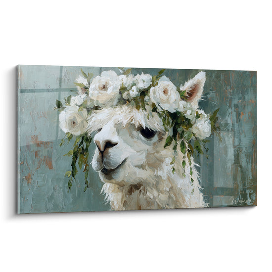 Lama blanc à couronne de roses blanches, fond bleu-vert texturé, regard sombre et expressif