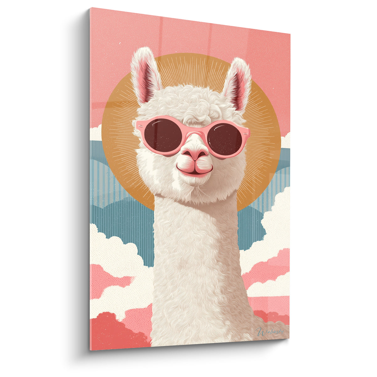 Lama blanc à lunettes roses devant un soleil doré et un ciel rose et bleu pastel