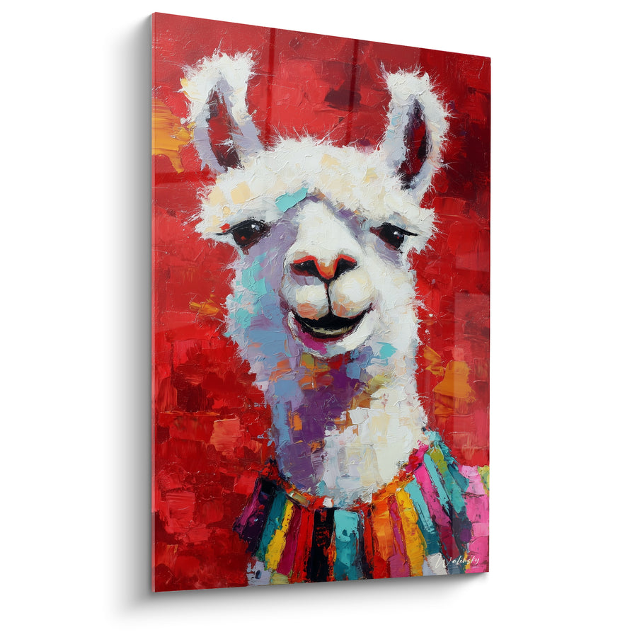 Tableau Lama blanc rouge écharpe multicolore - Sourire éclatant - Edition Lama