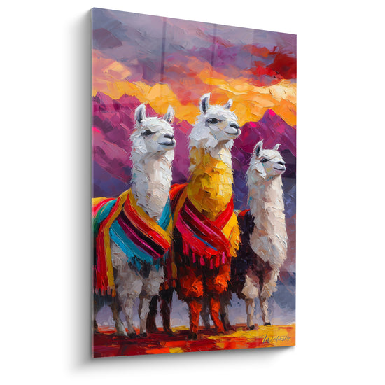 Trois lamas blancs parés d'étoles turquoise et rouge devant un crépuscule violine et doré