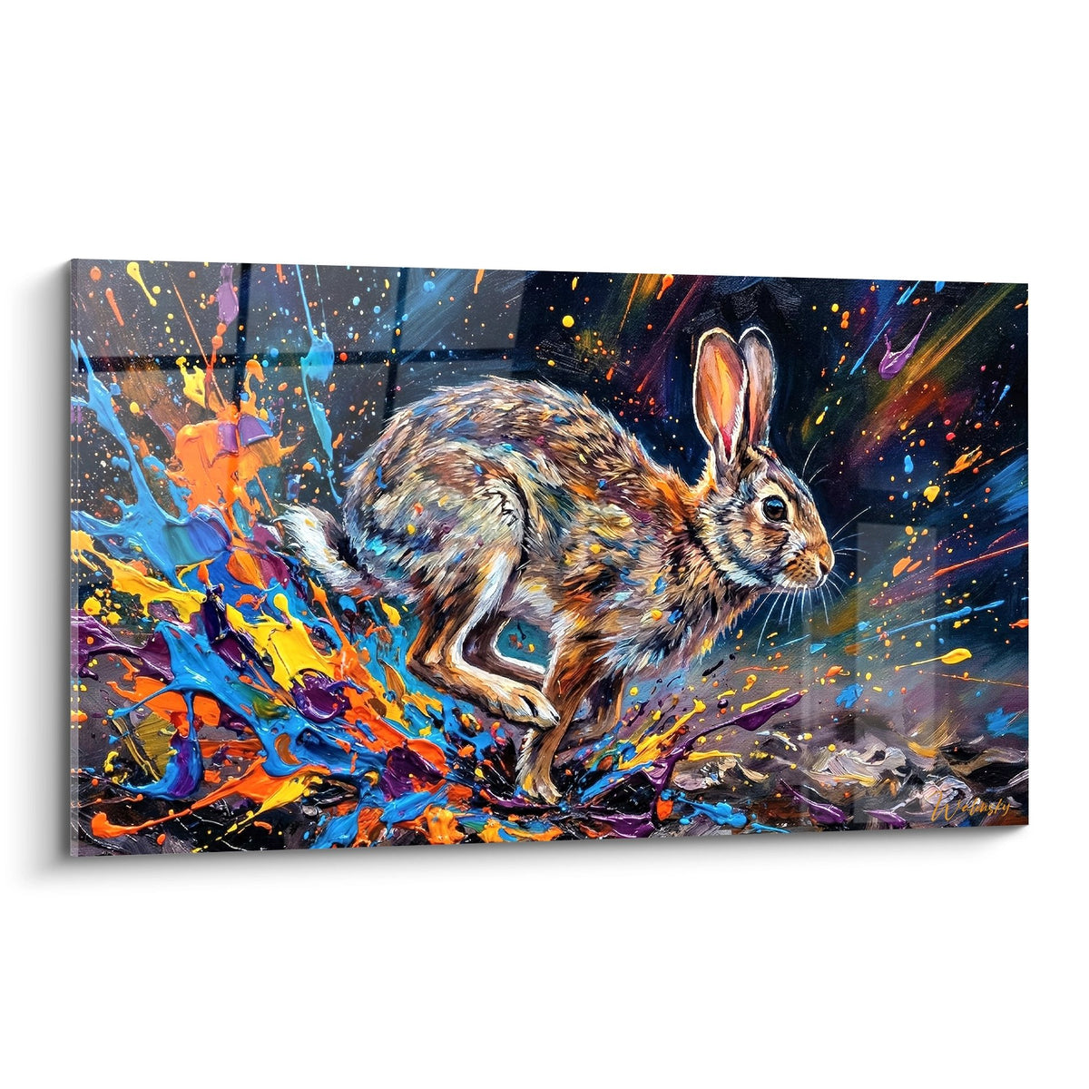 tableau lapin realiste eclaboussures multicolores orange bleu violet fond noir art moderne