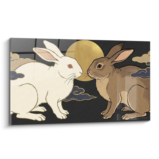 Tableau Deux Lapins Face à Face sur Fond Noir et Lune Dorée - Complicité Nocturne - Edition Lapin