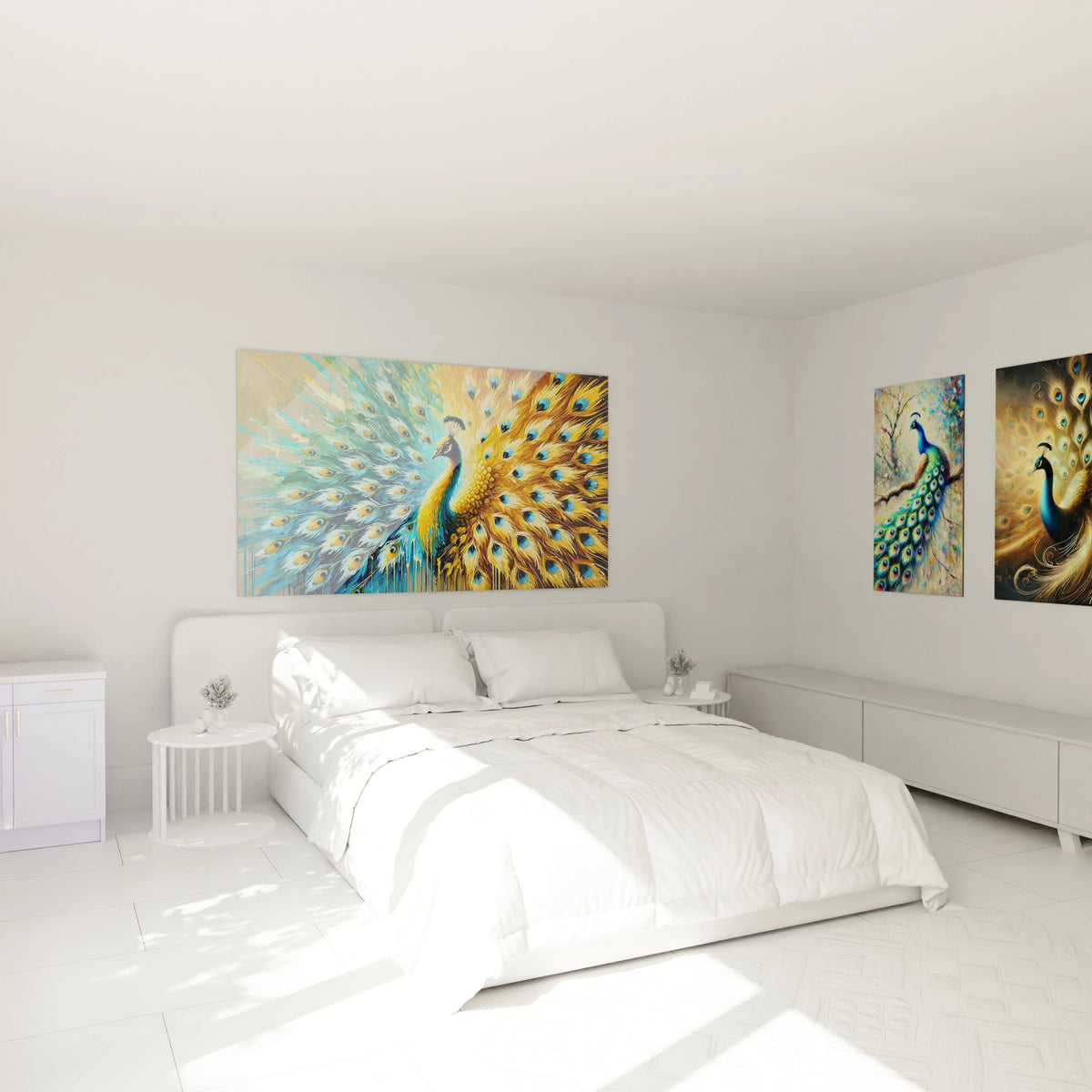 Le tableau paon au-dessus du lit apporte une atmosphère apaisante avec ses tons bleus et dorés. Un choix parfait pour créer une ambiance exotique et raffinée dans votre chambre.