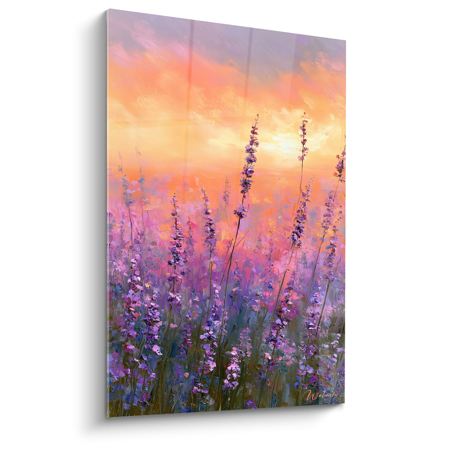 Tableau Épis violets et ciel orangé au soleil couchant - Horizon incandescent - Edition Lavande