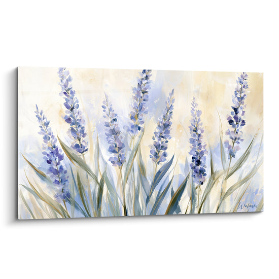 Lavande mauve aux tiges dorées peinte à l'aquarelle sur fond ocre et blanc cassé lumineux