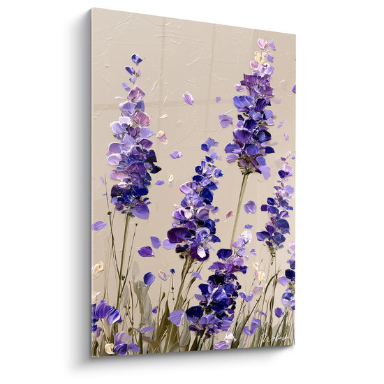 Lavande violette et beige aux pétales détachés, tableau peint en empâtements texturés