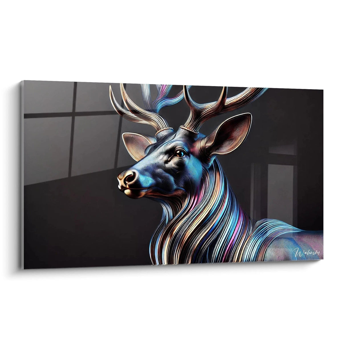 Vue de biais du tableau cerf multicolore avec reflets lumineux bleu, or rose et violet, représentant un cerf majestueux dans un style futuriste et graphique.
