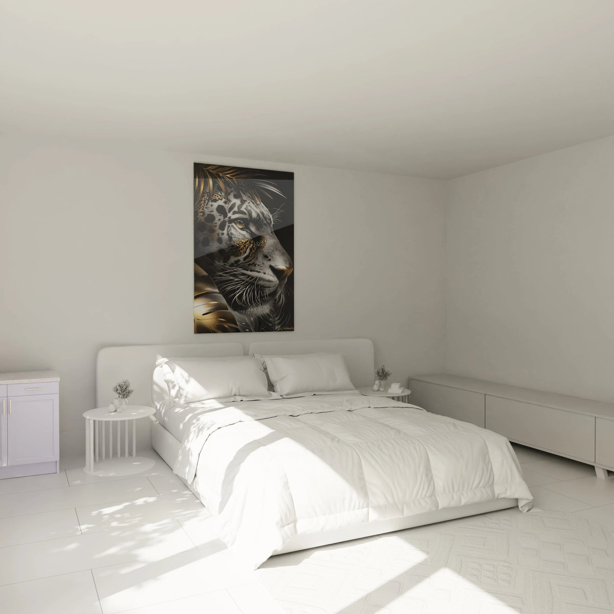 Décoration chambre avec tableau léopard or noir créant une ambiance élégante et sauvage
