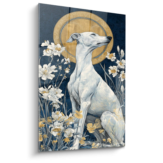 Tableau Lévrier Blanc à l'Auréole Dorée sur Fond Bleu Marine - Grâce Sacrée - Edition Lévrier Whippet
