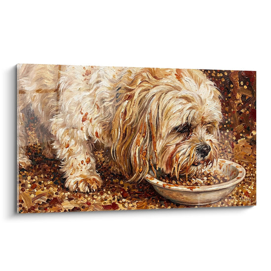 Tableau artistique d'un Lhassa Apso aux poils dorés mangeant dans un bol blanc avec éclaboussures dorées
