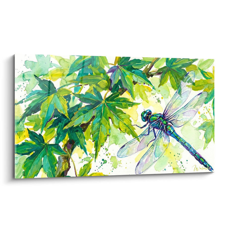 Tableau Libellule Bleu-Vert et Feuilles de Bonsaï Érable en Aquarelle - Symphonie Végétale - Edition Bonsaï