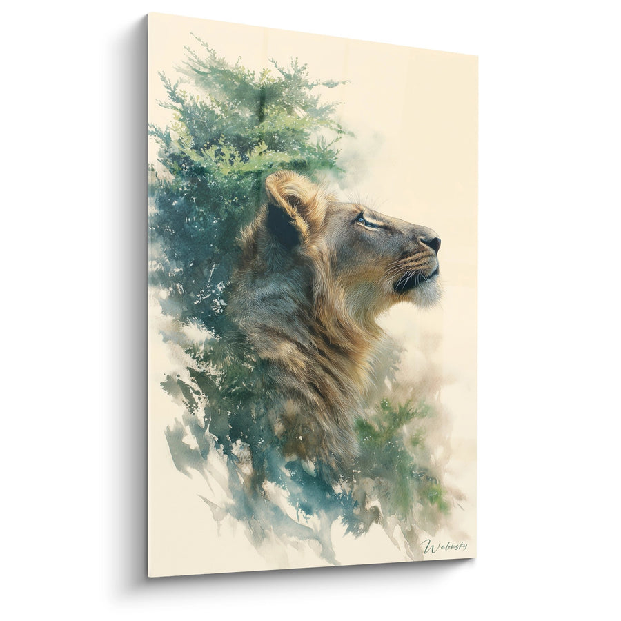Tableau Lion Profil Majestueux Aquarelle Verte et Dorée - Regard Noble - Edition Lion