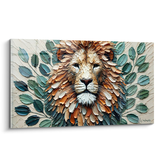 Lion doré à crinière texturée en empâtements ocre et terracotta sur fond beige feuillu