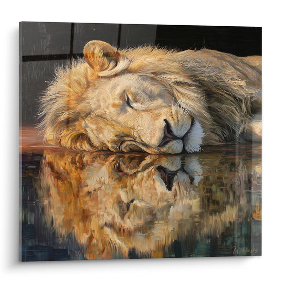 Tableau lion endormi reflets eau tons dores criniere ambre peinture realiste serenite royale decoration murale